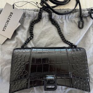 Balenciaga Glossy Black Croc-Embossed Crossbody Bag